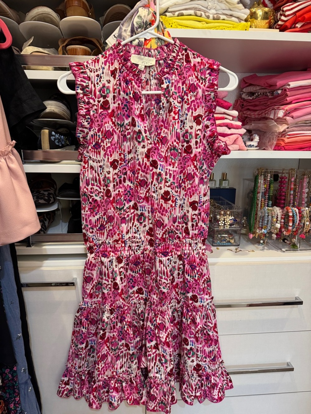 Sleeveless Pink Tiered Printed Mini Dress